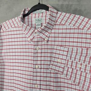 LL‎ Bean Shirt Mens 18-36 red white blue Wrinkle Free Traditional Fit L/S oxford